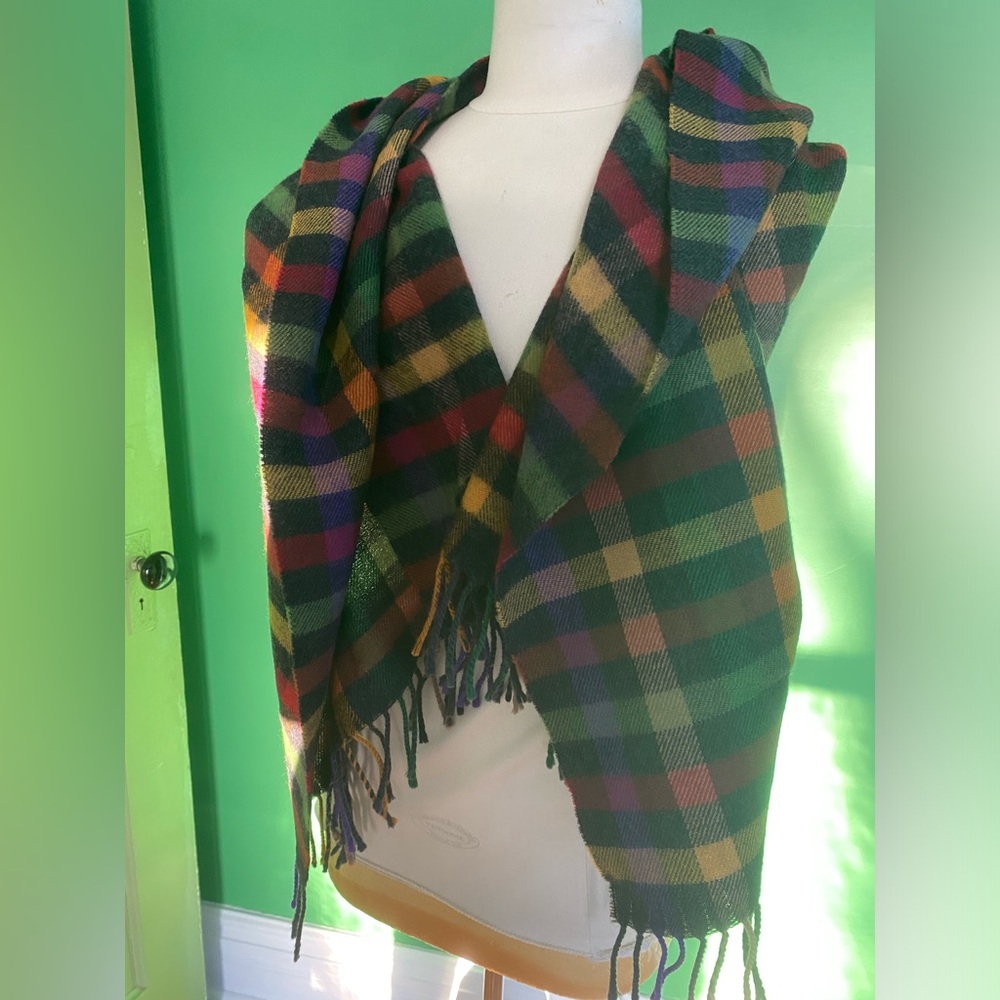 Saks Fifth Avenue Plaid Multicolor Fringe Scarf cashmere wool